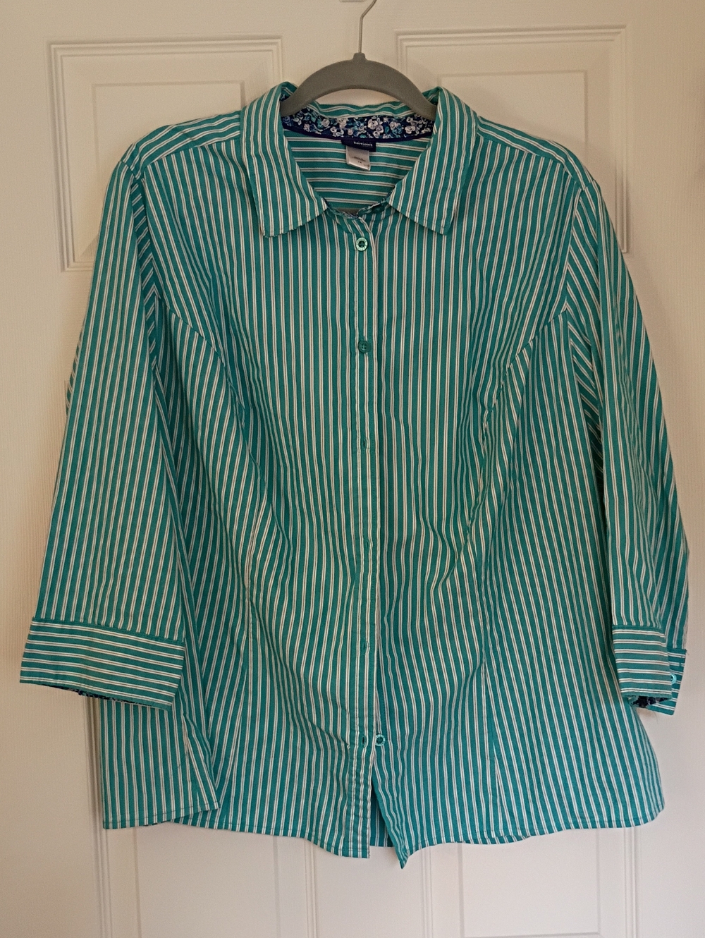 Women's Teal and White Striped Button Down Shirt With Floral Cuffs And Neck